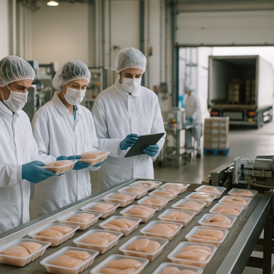 Refrigerated poultry export logistics at a modern Ukrainian processing plant, no text