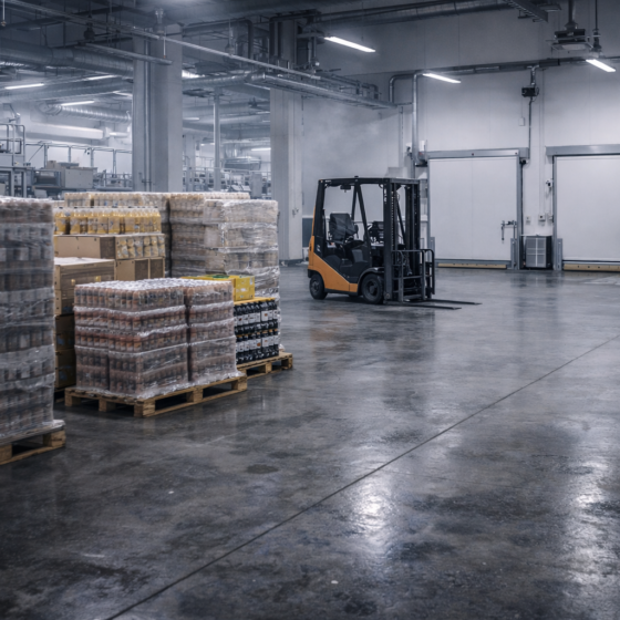 Ukrainian processing and distribution facility with pallets and loading bay, no text or logos