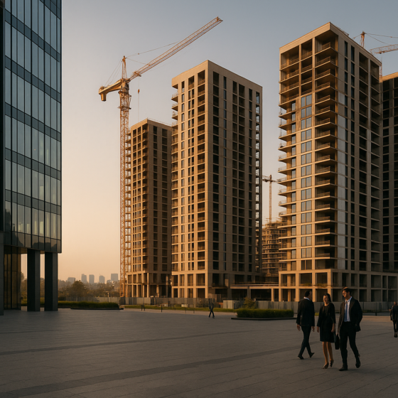 Modern Kyiv office and residential buildings with cranes and construction showing real estate investment opportunities