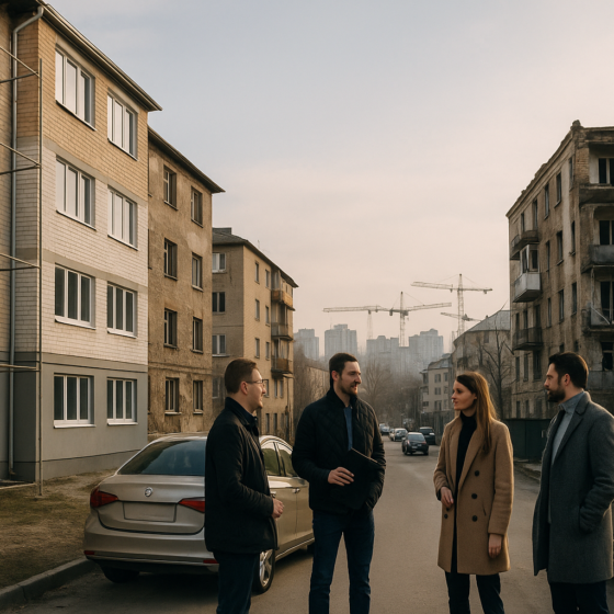 Renovated and damaged apartment buildings side by side in a Ukrainian city with people viewing flats and construction cranes in the background