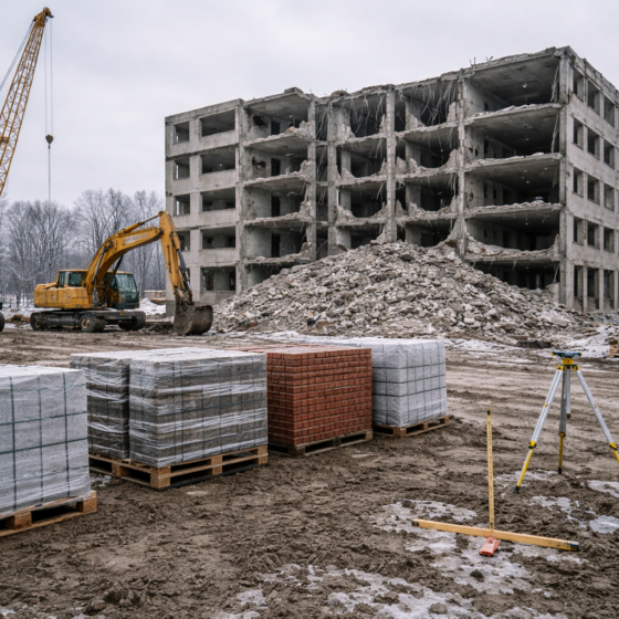 Ukrainian reconstruction site with cranes and building materials in winter daylight, no text