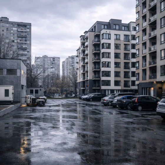 Kyiv residential district in winter with modern apartment complexes and older buildings, no text or logos