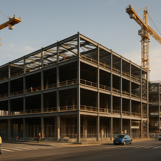 Modern Ukrainian shopping center under construction with cranes and workers building new retail space