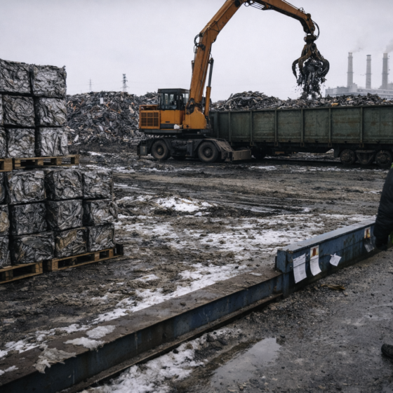 Ukrainian industrial scrap yard with a crane loading scrap into a rail wagon in winter daylight, no readable text