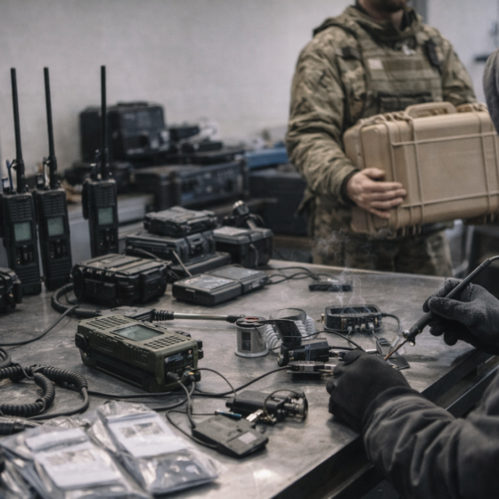 Ukrainian defense communications workshop with rugged radios and a technician testing hardware, winter daylight, no readable text