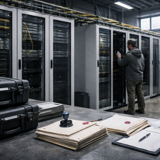 Secure interbank payment infrastructure room with network cabinets and a technician, no screens, no text