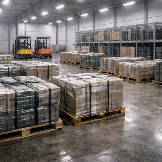 Ukrainian customs bonded warehouse with sealed pallets and industrial crates for defense components, no text