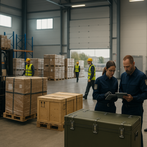 Workers and customs officers processing sealed military cargo crates in a modern Ukrainian logistics terminal