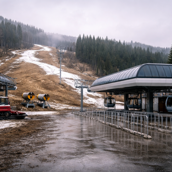 Closed ski lift base area in the Ukrainian Carpathians with patchy snow and idle snow cannons, no text