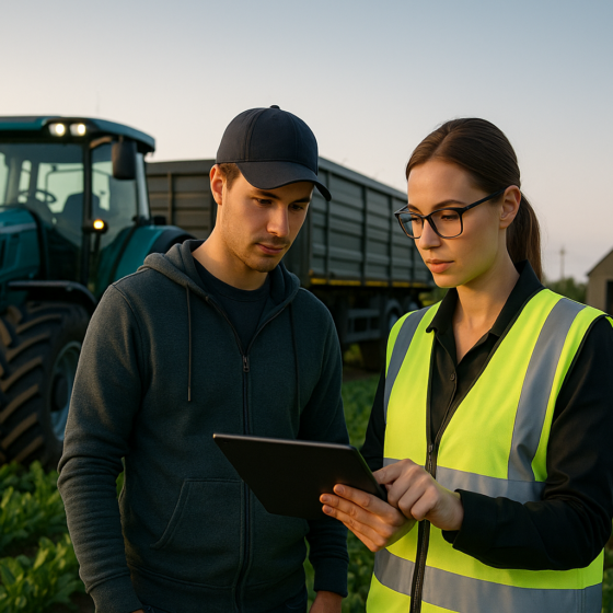 Small Ukrainian farmer and agrifinance officer standing by a modern tractor on a farm discussing loan documents