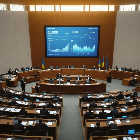 Ukrainian parliament session hall viewed from above with documents showing budget charts on desks
