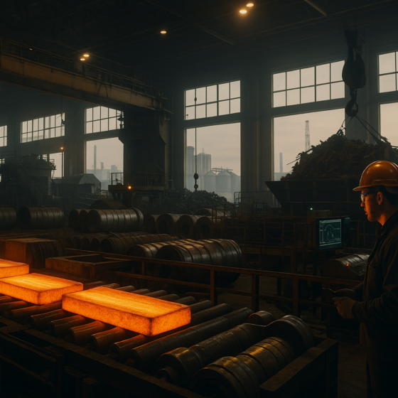 Modern Ukrainian steel plant with glowing hot steel and visible piles of scrap metal ready for recycling