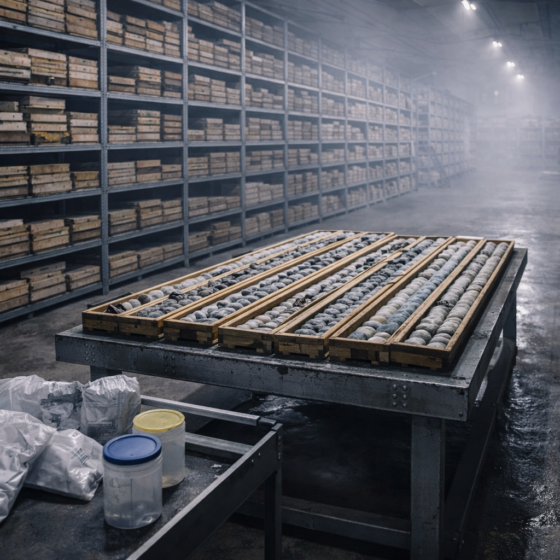Geological core storage warehouse with drill core samples and core boxes, no text