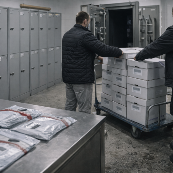 Secure Ukrainian bank back office records area with locked cabinets and sealed boxes, winter daylight, no readable text