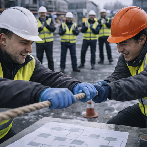 Hands-on team coordination training at a Ukrainian industrial site in winter daylight, no readable text
