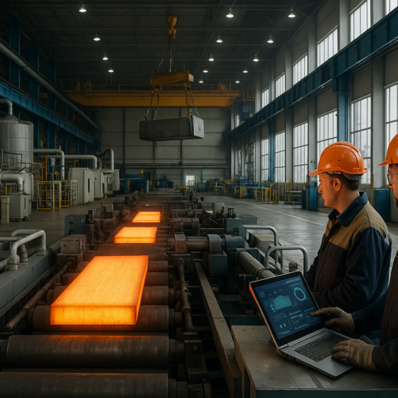Modern titanium processing plant in Ukraine with glowing metal slabs and engineers monitoring industrial equipment