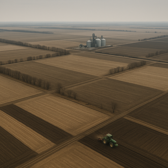 Aerial view of Ukrainian farmland mosaic with distant grain elevator and rail spur, no text