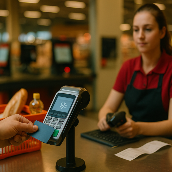 Customer paying by card at a modern Ukrainian supermarket checkout with a payment terminal in focus