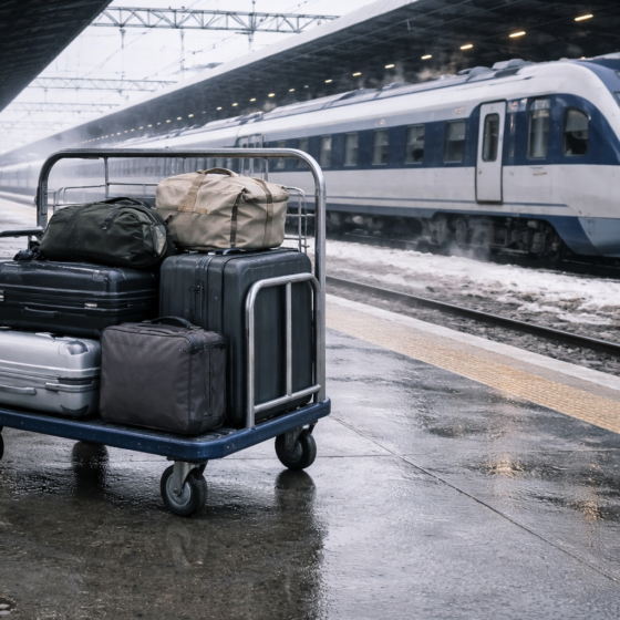 Winter intercity railway platform with luggage cart and train, travel economy theme, no text