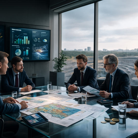 Ukrainian and British experts discussing critical minerals in a modern control room with mine schematics on large screens