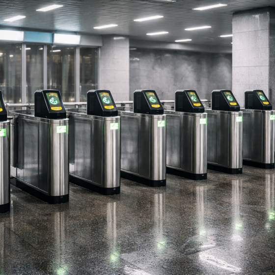 Kyiv metro turnstiles and contactless validators in winter daylight, no text