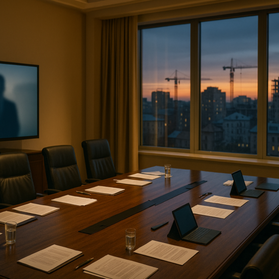 Ukrainian leadership in a government meeting room preparing for remote talks with US counterparts about post war reconstruction