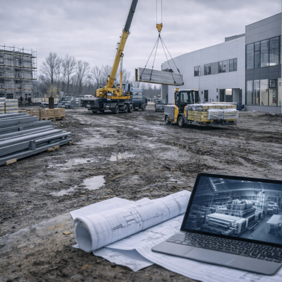 Ukrainian industrial reconstruction site with cranes and materials handling, no readable text