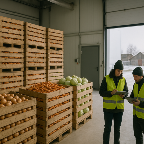 Modern Ukrainian vegetable storage warehouse with crates of vegetables and workers inspecting produce and equipment