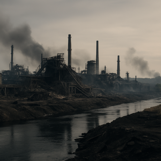 Aerial view of damaged industrial facilities and a polluted river in Ukraine illustrating environmental impact of the war
