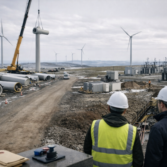 Ukrainian wind farm construction and grid connection scene in winter daylight, no text