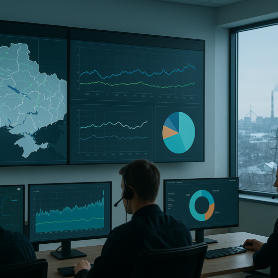 Operators in a Ukrainian power system control room monitoring the grid with a snowy city skyline and power lines outside