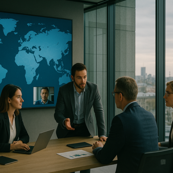 Ukrainian managers in a modern office discussing global expansion strategy with digital world maps on screens