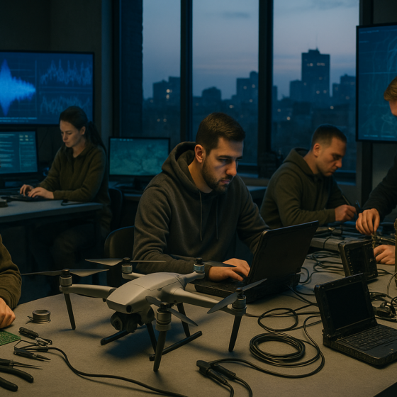 Ukrainian defence-tech engineers working on drones and electronic warfare equipment in a modern lab