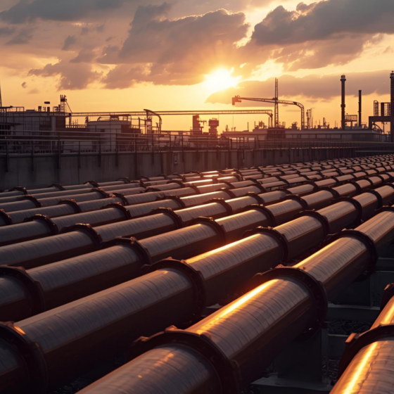 Stacks of large steel gas pipes at a Ukrainian gas field with workers inspecting them and a drilling rig in the background