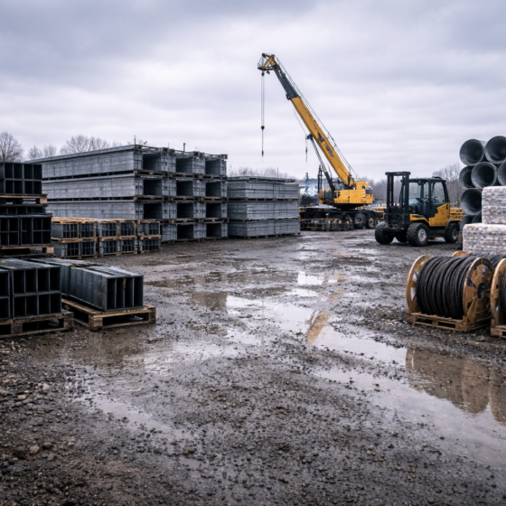 Reconstruction logistics yard in Ukraine with industrial materials and cranes, no text or logos