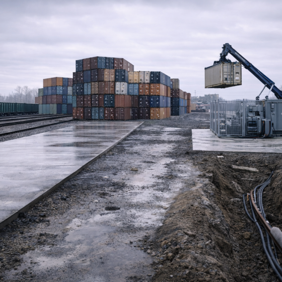 Reconstruction logistics hub with rail containers and upgraded infrastructure, no text