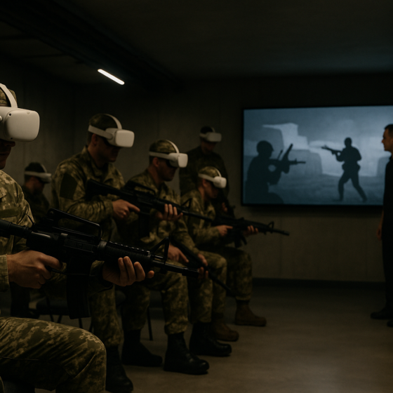Ukrainian soldiers in a training center wearing VR headsets and holding replica rifles while an instructor monitors their virtual battle on screens