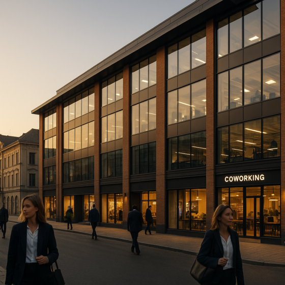 Modern office and retail building on a city street in western Ukraine with people in business attire walking nearby
