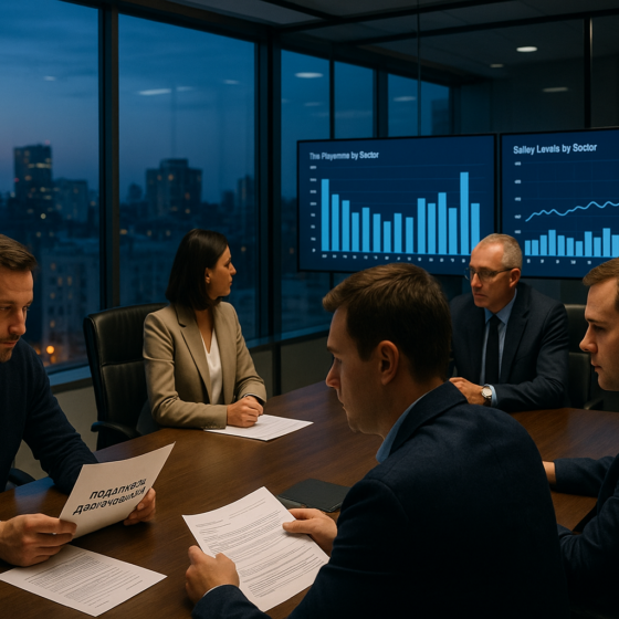 Modern office of the State Tax Service in Kyiv where tax officials and business owners review compliance dashboards and documents