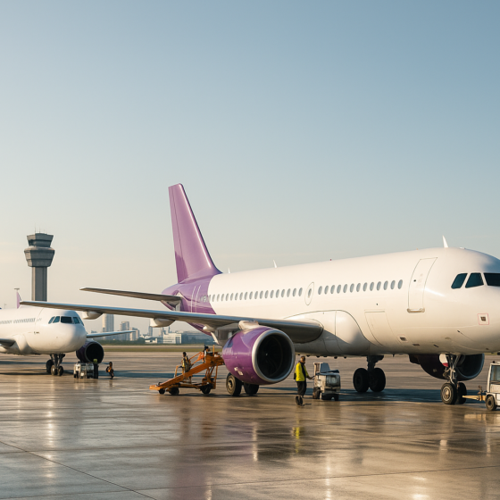 Several modern passenger jets in low-cost airline livery parked at a Ukrainian airport apron being prepared for future flights