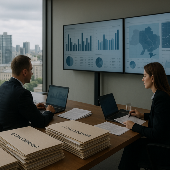 Analysts in a Kyiv financial office reviewing insurance portfolios on large screens with the city skyline in the background