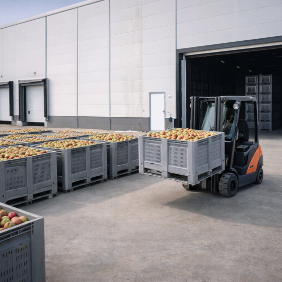 Ukrainian apple post-harvest facility with fruit bins and dry loading area in winter daylight, no text