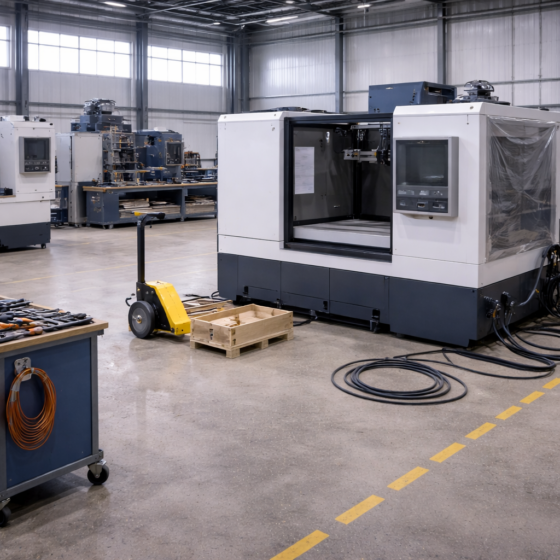 SME manufacturing workshop expanding with new equipment being installed, winter daylight, no text
