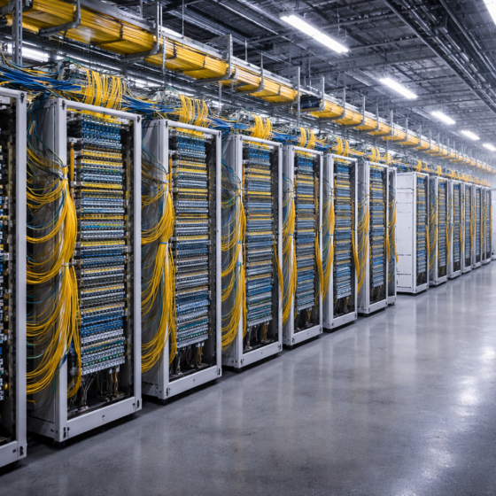 Neutral colocation meet-me room with dense fiber cross-connect frames and cable bundles, no text