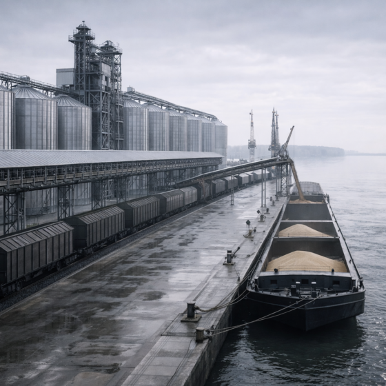Black Sea–Danube grain terminal with silos, rail wagons, and a barge being loaded, no text, no logos, no flags