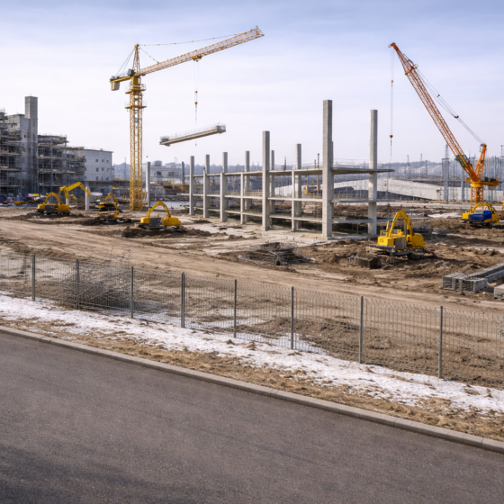 Winter daylight reconstruction site in Ukraine with cranes and renovated industrial infrastructure, dry roads, no people