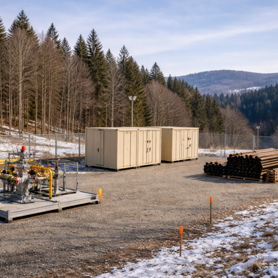 Winter Carpathian foothills with a small fenced survey site and unbranded oil and gas equipment on dry gravel, no text