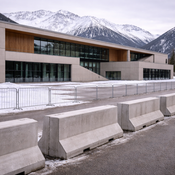 Winter exterior of a Davos forum venue with snow mountains, symbolizing investment agreements for Ukrainian infrastructure and energy recovery, no flags, no text