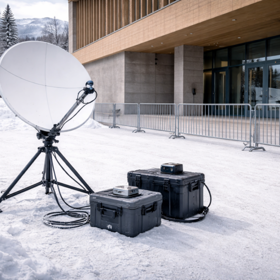Winter alpine scene with satellite uplink equipment outside an unbranded congress venue, documentary style, no text