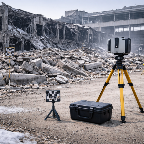 Laser scanning damage assessment setup at a partially destroyed industrial facility in Ukraine in winter daylight, no text